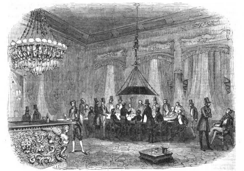 An engraved private club room with members gathered around a long table